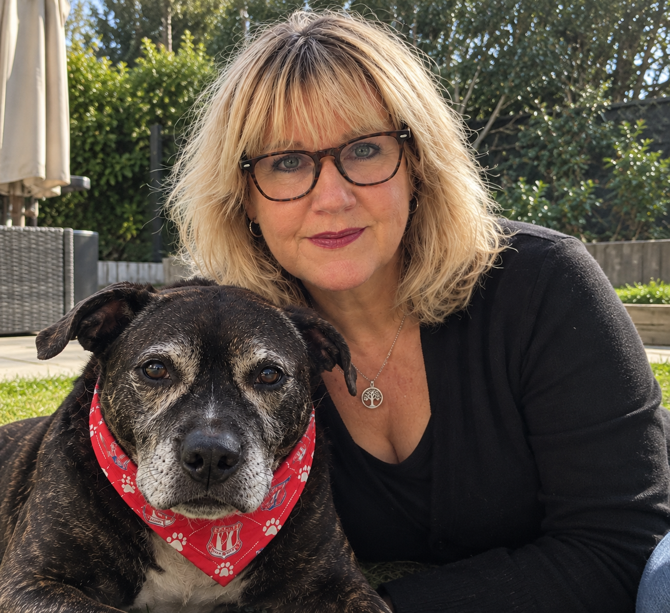 Joanne with her senior Staffordshire Bull Terrier wearing a red bandana in the garden